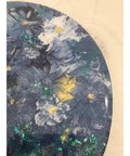 Close-up of blue, gold, and white floral resin design on 16-inch Lazy Susan, wood base, art organizer for kitchen, dining table.