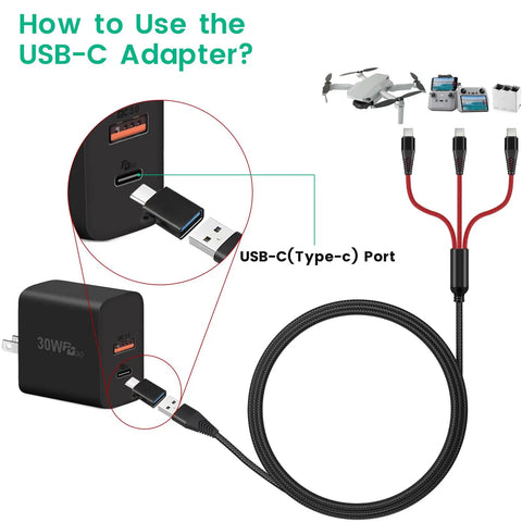 3 In 1 3A Fast Charging Usb C Cable For Drone Remotes And FPV Gear 4Ft Splitter Cable With Three Type C Plugs And Adapter