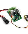 PWM DC Motor Speed Controller 10 To 30V 3A 120W with forward reverse stop switch and rotary pot visible on green circuit board