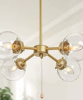 Gold Globe Chandelier With On Off Switch Pull Chain, 4 Light Modern Gold Semi Flush Mount Ceiling Light With Clear Globe Glass Shades For Dining Room And Kitchen Soft Gold Finish