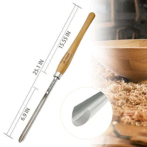 Premium 5/8 Inch Bowl Gouge For Wood Lathe Crafted From Durable M2 Cryogenic High Speed Steel With Long Beech Handle displayed beside bowl.