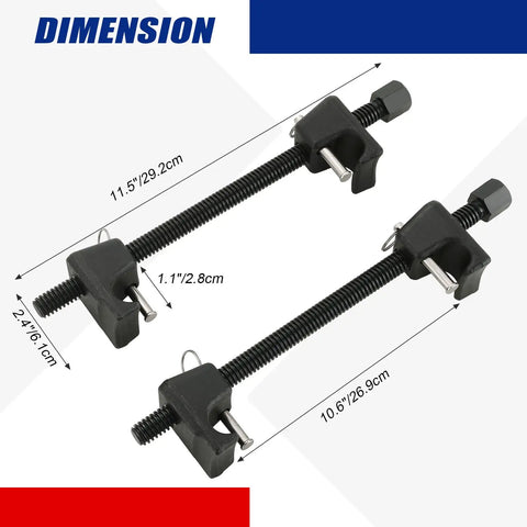 Macpherson Strut Spring Compressor Set Heavy Duty 2-Piece Coil Spring Remover And Installer Tool with measurements shown.