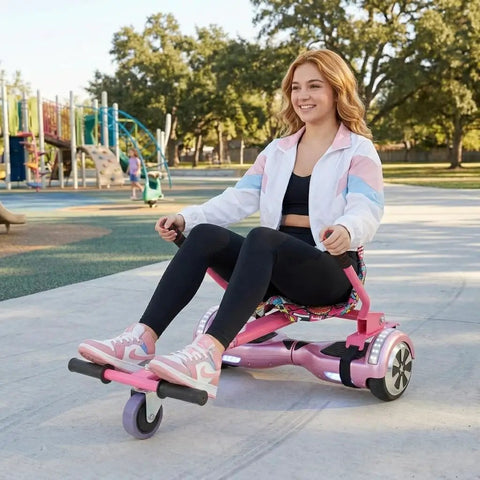 Turn Your Hoverboard Into A Sit-On Go Kart With Adjustable Frame, 360 Degree Swivel Wheel, And Ergonomic Seat, Fits 6.5, 8, And 10 Inch Hoverboards, Pink Hoverkart Attachment For Kids And Adults, Family Fun Ride in park