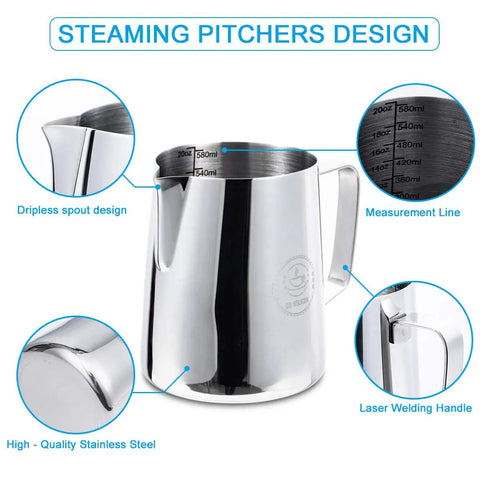 20 Oz Milk Frothing Pitcher Stainless Steel 304 Durable Espresso Steaming Jug with clear measurements and sturdy handle design