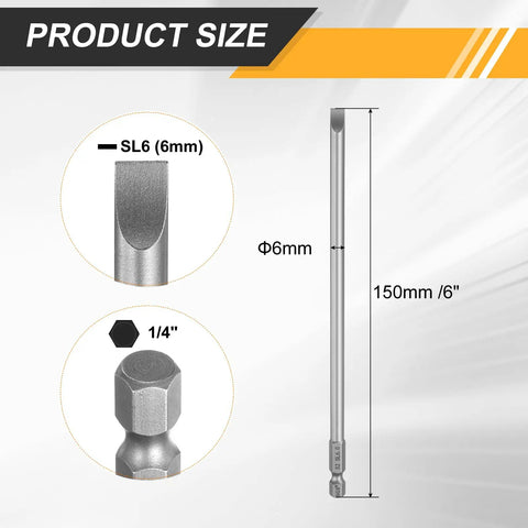 SL6 Slotted Screwdriver Bits Set 6mm Tips With One Quarter Inch Hex Shank 150mm Long Magnetic Flat Head S2 Steel Drill Bits