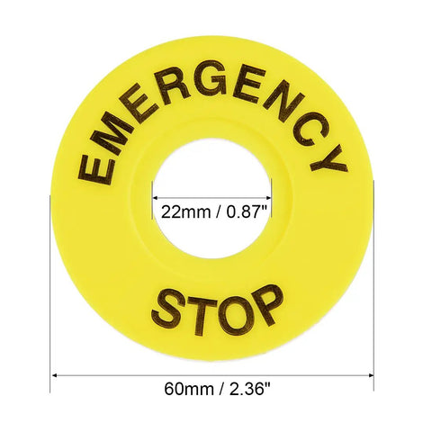 Emergency Stop Ring 20 Pcs Yellow Plastic Warning Sign For Push Button Switch Replacement Fits 22mm Inner Diameter And 60mm Outer Diameter Great For Home Office Workshop Safety, yellow ring with dimensions labeled.