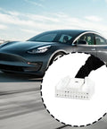 Straight Swap Charging Port Module Wiring Harness For Tesla Model 3 And Model Y 2017 Through 2023 showing the connector with vehicle in background.