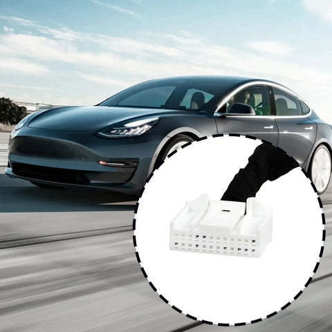 Straight Swap Charging Port Module Wiring Harness For Tesla Model 3 And Model Y 2017 Through 2023 showing the connector with vehicle in background.
