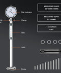 Front view of bore gauge set 2-6 inch range with dial indicator, clamp, grip, and probe