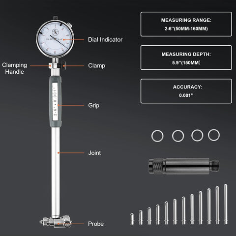 Front view of bore gauge set 2-6 inch range with dial indicator, clamp, grip, and probe