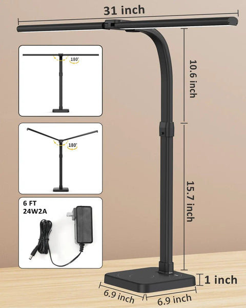 LED Desk Lamp For Home Office Ultra Wide Double Head 24W with adjustable gooseneck, detailed size dimensions displayed.