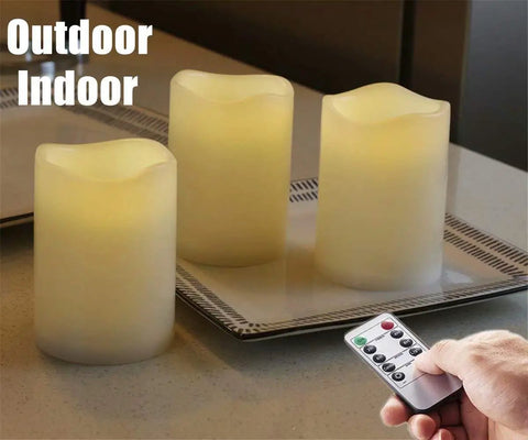 Set of 3 Outdoor IP44 Flameless LED Pillar Candles with Remote and Timer on tray, warm white, indoor-outdoor use