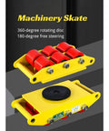 Heavy Duty Electric Load Moving Platform With Remote Control Equipment Transport Dolly Glides Like Butter Under Heavy Machinery Smooth Warehouse Cargo Rolling Adjustable Skates showing red and yellow machinery skate with rotating disc.