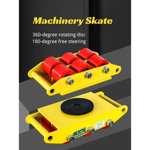 Heavy Duty Electric Load Moving Platform With Remote Control Equipment Transport Dolly Glides Like Butter Under Heavy Machinery Smooth Warehouse Cargo Rolling Adjustable Skates showing red and yellow machinery skate with rotating disc.