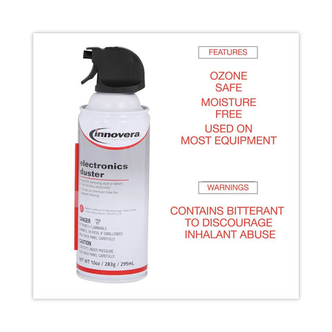 Compressed Air Duster Cleaner 10 Oz Can with nozzle, ozone-safe and moisture-free for electronics and cameras, features bitterant.