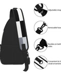 Detail view of adjustable straps and buckles on Unisex Black And White Piano Key Grid Print Fanny Pack Adjustable Crossbody Chest Bag.