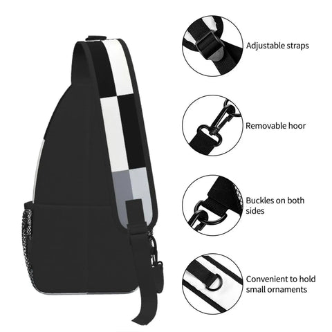 Detail view of adjustable straps and buckles on Unisex Black And White Piano Key Grid Print Fanny Pack Adjustable Crossbody Chest Bag.