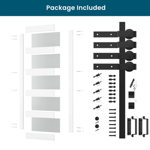 Double Glass Sliding Barn Door Kit With 6 Ft Bypass Hardware, 5 Panel Frosted Glass, 34 Inch By 84 Inch, waterproof, space saving