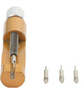 Heavy Duty Metal Watch Link Remover Tool With Micro Adjustment Slider For 14-26mm Stainless Steel Bands Gold Tone Strap Adjuster Kit Includes 3 Extra Pins And Spring Bar Tool For Easy Home Or Travel Repairs showing gold tone tool and three extra pins.