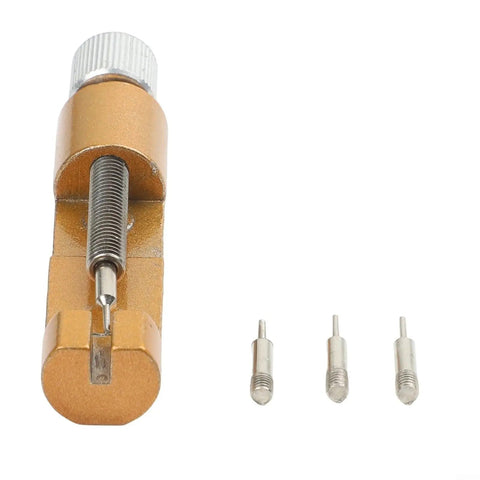 Heavy Duty Metal Watch Link Remover Tool With Micro Adjustment Slider For 14-26mm Stainless Steel Bands Gold Tone Strap Adjuster Kit Includes 3 Extra Pins And Spring Bar Tool For Easy Home Or Travel Repairs showing gold tone tool and three extra pins.
