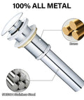 Vessel Sink Drain Pop Up Chrome No Overflow For One And Three Quarter Inch Drain Opening Great For Bathroom Vessel And Large Undermount Sinks With Leak Free Three Piece Silicone Seal Design And Easy Installation, showing all-metal design with brass and stainless steel.