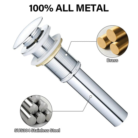 Vessel Sink Drain Pop Up Chrome No Overflow For One And Three Quarter Inch Drain Opening Great For Bathroom Vessel And Large Undermount Sinks With Leak Free Three Piece Silicone Seal Design And Easy Installation, showing all-metal design with brass and stainless steel.