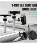 Premium 1/4 Inch T-Slot Router Bit With Precision Bearing Guide Dual Edge Grooving Cutter For Woodworking Workshop Jigs And Sliding Components displayed on a work surface.