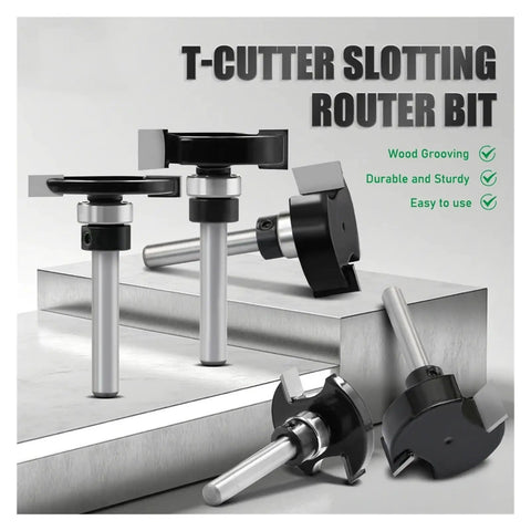 Premium 1/4 Inch T-Slot Router Bit With Precision Bearing Guide Dual Edge Grooving Cutter For Woodworking Workshop Jigs And Sliding Components displayed on a work surface.