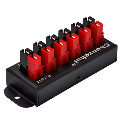 Heavy Duty 6 Position 45 Amp Power Pole Distribution Block With Tough As Nails Aluminum Housing and Plug And Play Connectors for Slick Wiring Harness Setups and Zero Drama Circuit Splitting, showing 6 terminals.