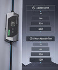 Portable EV Charger With SAE J1772 Connector, 25-Foot Cable, 9.6kW Output showing adjustable current and time settings