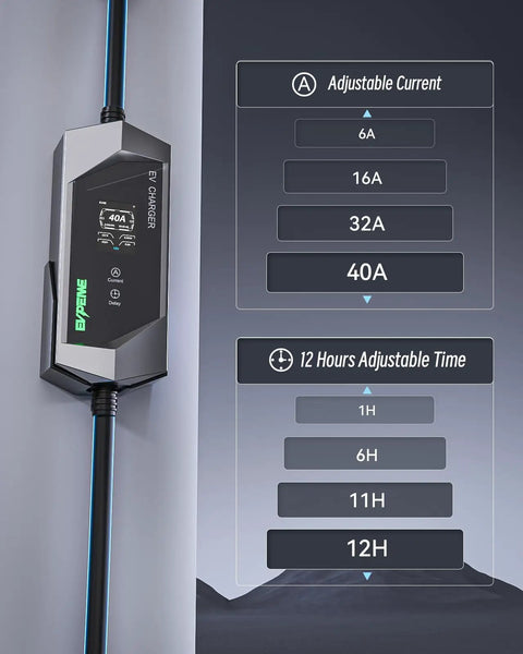 Portable EV Charger With SAE J1772 Connector, 25-Foot Cable, 9.6kW Output showing adjustable current and time settings