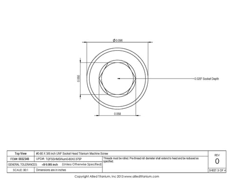 Technical drawing of Socket Head Titanium Machine Screw 0-80 UNF, 3/8 Inch, Grade 2 CP, featuring top view with dimensions.