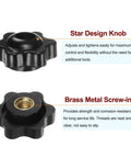 Top and bottom view of 10 Pack M6 Star Knobs With 25mm Heads Through Hole Brass Insert Screw In Clamping Hand Knobs Black Plastic Durable Machine Accessory For Tooling Furniture And DIY Projects