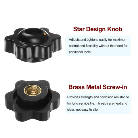Top and bottom view of 10 Pack M6 Star Knobs With 25mm Heads Through Hole Brass Insert Screw In Clamping Hand Knobs Black Plastic Durable Machine Accessory For Tooling Furniture And DIY Projects
