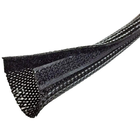Close-up of 1.25-Inch Side Entry Cable Wrap Braided Sleeving with Hook and Loop Fastener, Black, showing braided texture.