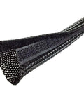Close-up of 2 Inch Side Entry Braided Cable Sleeve With Hook And Loop Fastener, 100 Feet, Black, Flat 2 Inch Diameter, Open End View