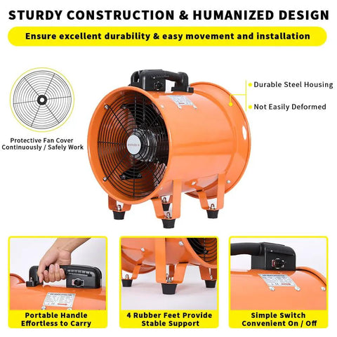 Orange 12 inch high velocity blower fan with 550W motor and 16Ft duct hose, shown with steel housing and safety features.