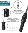 3 In 1 Wood Countersink Drill Bit Set With Adjustable Depth Stop includes 82 degree chamfer, 1/4 inch hex quick change shank.