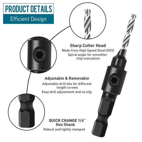 3 In 1 Wood Countersink Drill Bit Set With Adjustable Depth Stop includes 82 degree chamfer, 1/4 inch hex quick change shank.
