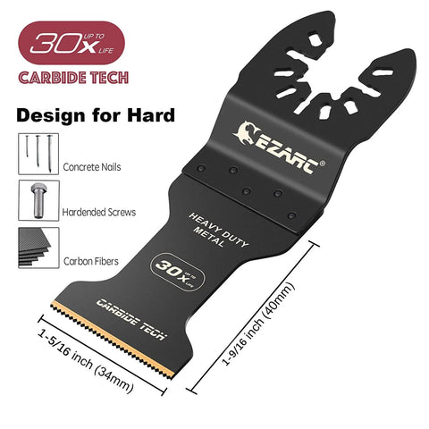 Front view of EZARC carbide oscillating multitool blade with quick-release for hard materials; black heavy-duty blade, 3-pack, 1-9/16 x 1-5/16 in.