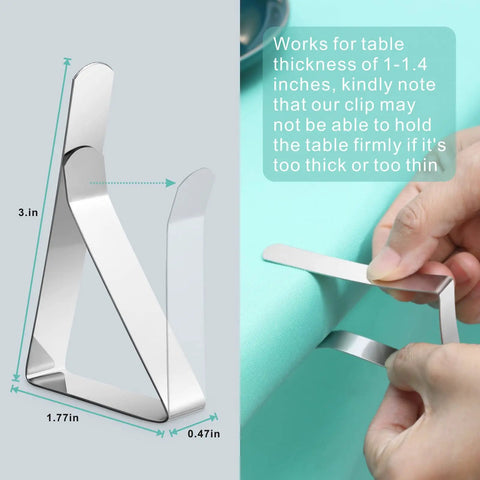 Heavy Duty Tablecloth Clips 12 Pack Stainless Steel Table Clip Clamps demonstration with dimensions and application on table edge