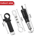 Pro Grade Rivet Gun Adapter Kit For Cordless Drills With Alloy Steel Head And Comfortable Grip Four Rivet Heads, dimensions shown