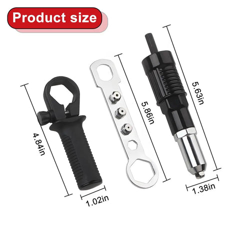 Pro Grade Rivet Gun Adapter Kit For Cordless Drills With Alloy Steel Head And Comfortable Grip Four Rivet Heads, dimensions shown