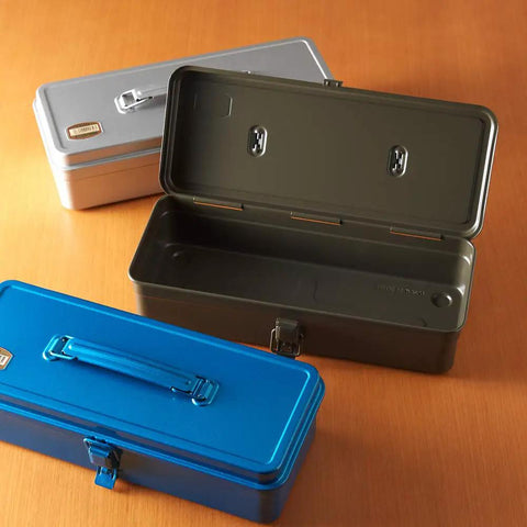 Blue Car Trunk Tool Box Compact Lockable Organizer for Tools and Gear Portable with open and closed views on a table