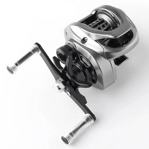 Upgrade Your Gear With This Sweet Gold Fishing Reel Handle Crank Arm Knob Kit Featuring A Lightweight Hollow Aluminum Body And Dual Knobs For Smooth Turning Ultimate Grip Control And Total Efficiency Perfect For Left Hand Reels That Need A Serious Face. silver baitcasting reel handle with dual knobs and hollow aluminum arm for left hand use