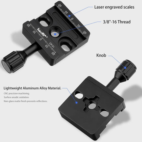 Arca Swiss Compatible 50mm Screw Knob Clamp Adapter for Quick Release Plates Fits Camera Tripod Ball Heads and Monopods Captive Knob With Safety Stop Grooves M6 Mount and Three Eighths Inch Threaded Hole for Versatile Rig black aluminum clamp with 3/8-16 thread