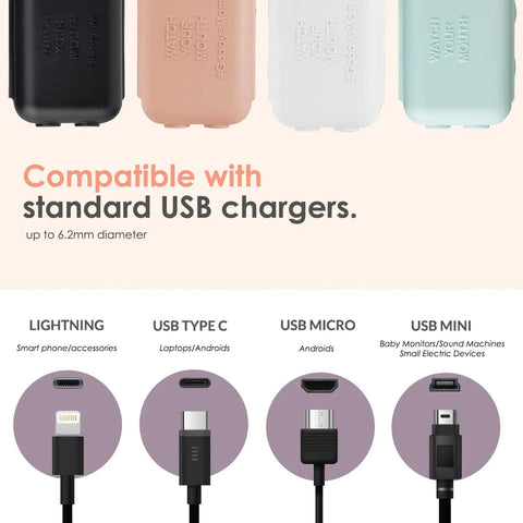 Product compatibility chart showing connectors for Kid Friendly USB Charger Cover, Dusty Aqua 3 Pack, Cord Tip Enclosure.