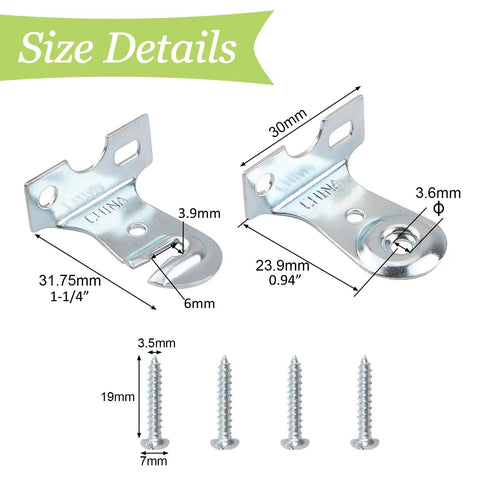 Heavy Duty Metal Roller Shade Bracket Two Pack Outside Mount Hardware; iron hooks with size details and screws.