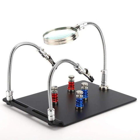 Third Hand Soldering Station with 3X LED Magnifying Lamp, magnetic PCB clamp, flexible arms, for hands-free soldering projects.