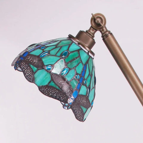 Detail of Tiffany Style Floor Lamp With Swivel Arm Stained Glass Dragonfly Green Reading Light 72 Inch Tall Torch Lamp Adjustable Angle